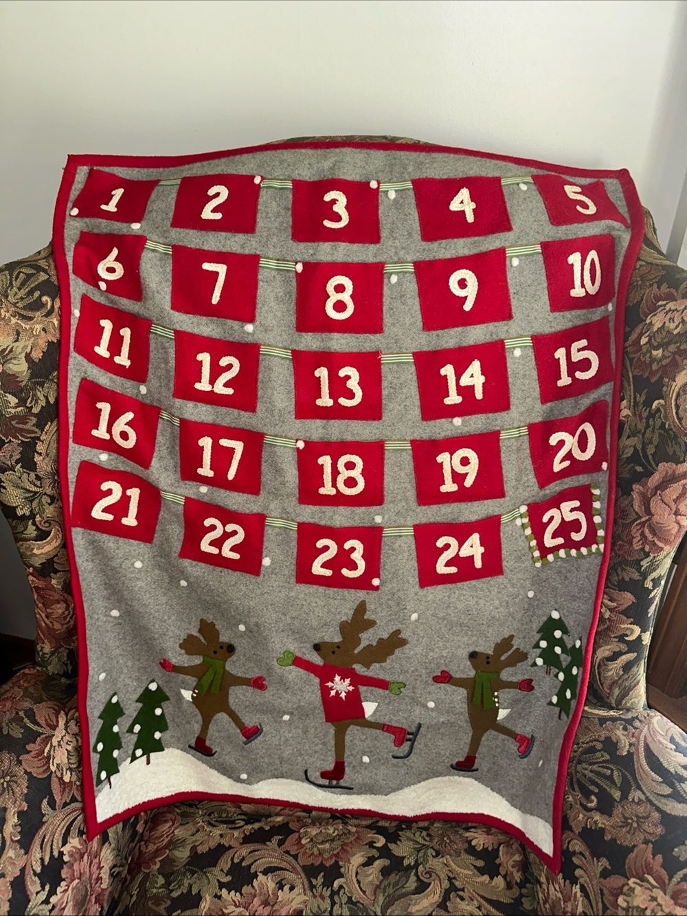 Crate&Barrel wool Gray, Red and Green skating Reindeer Advent calendar